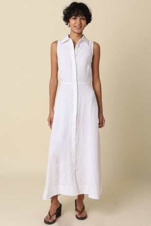 Button front linen dress-white