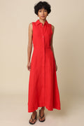 Button Front Linen Dress-red