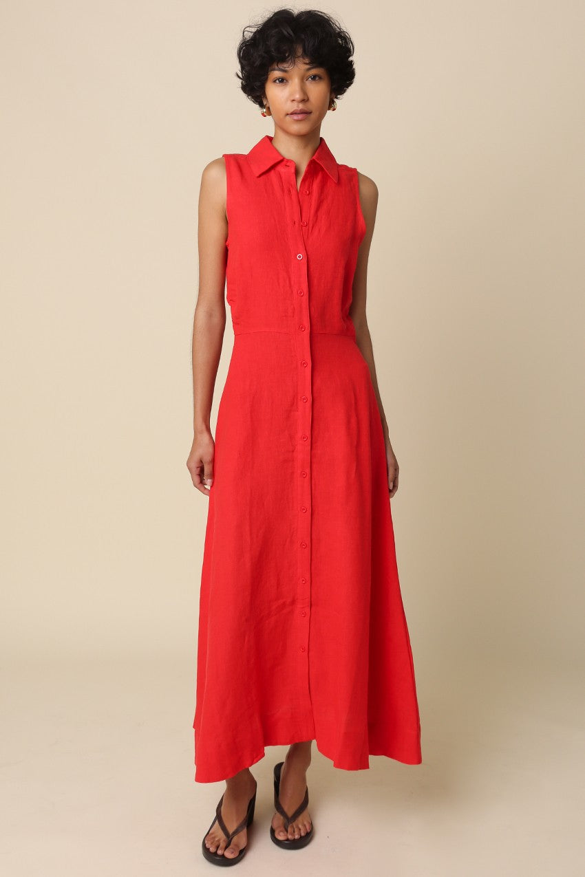 Button Front Linen Dress-red